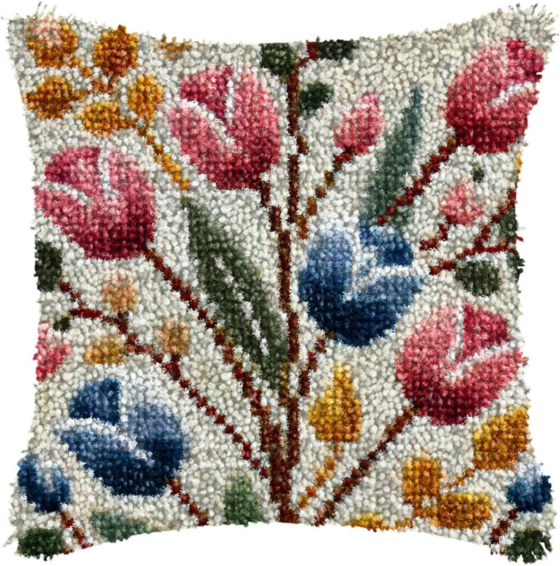 ZFFLYH Latch Hook Pillow Kits for Adults Tulip Leaves Color Printed DIY Pillowcover Crafts Arts Pillow Making Sofa Cushion Cover for Home Decoration 17X17 Inch - Image 1